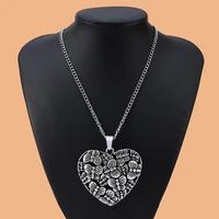 tibetan silver metal large heart butterflies pendant necklace on long curb chain lagenlook 34
