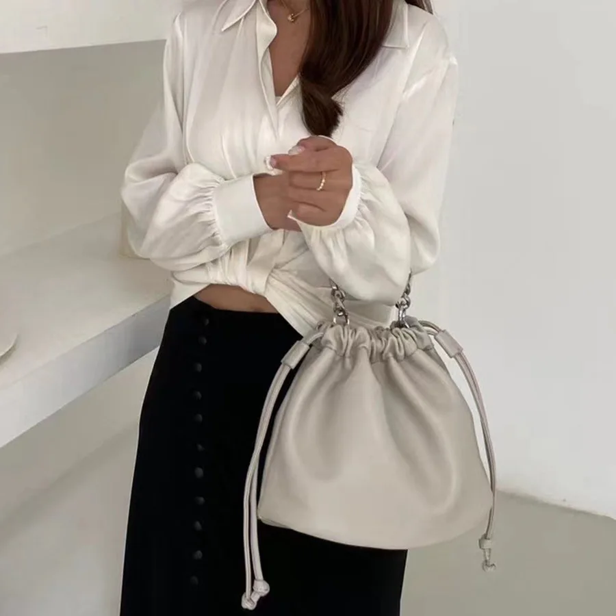 

Bucket Fashion Drawstring Handbags for Women Ruched Vintage Retro Ladies Top Handle Bag Luxury PU Leather Female Shoulder Bags