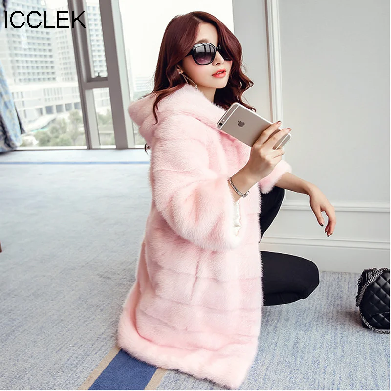 ICCLEK 2020 imitation mink coat women's autumn winter hooded long coat women's long sleeved imitation fur cut groove striped top