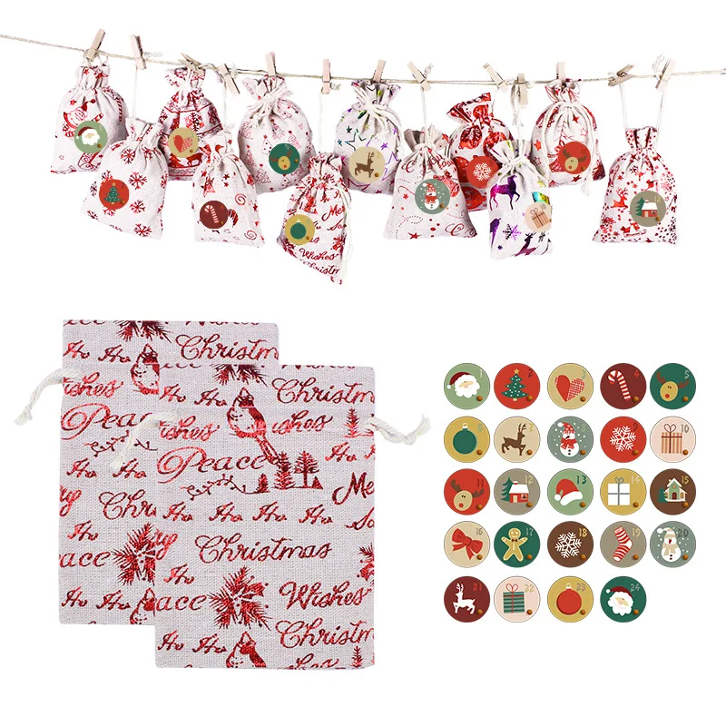 

24pcs 1-24 Numbers Bag Christmas DIY Advent Calendar Ornament Christmas Gift Bags Calendar Countdown Bag Candy Storage Pouches