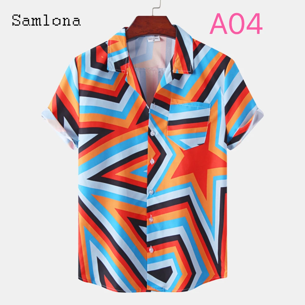 Samlona Plus Size 3xl Men Short Sleeve Casual Beach Tops Sexy Mens clothing 2022 Summer New Fashion 3D Print Shirt Blouse Homme