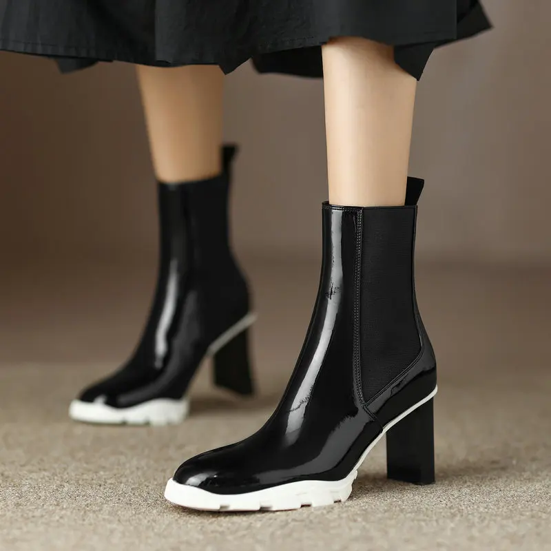 

Concise Genuine Leather Women Ankle Boots 2022 Autumn Winter Back Zipper Thick Heels Pumps Party Basic Shoes Woman
