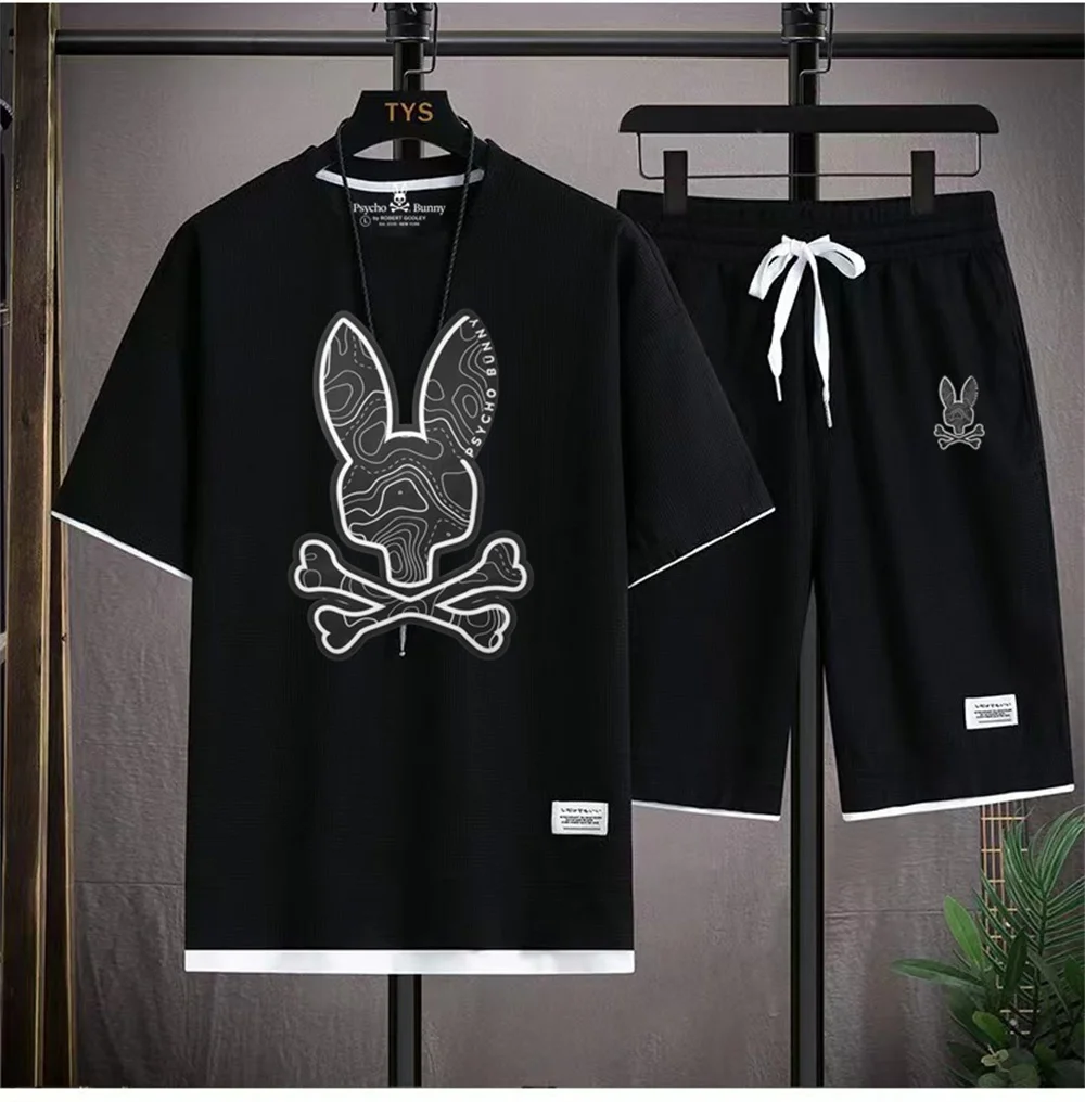 

Men's summer new Psycho Bunny print set is on fire, featuring a round neck T-shirt and two piece shorts set, casual set