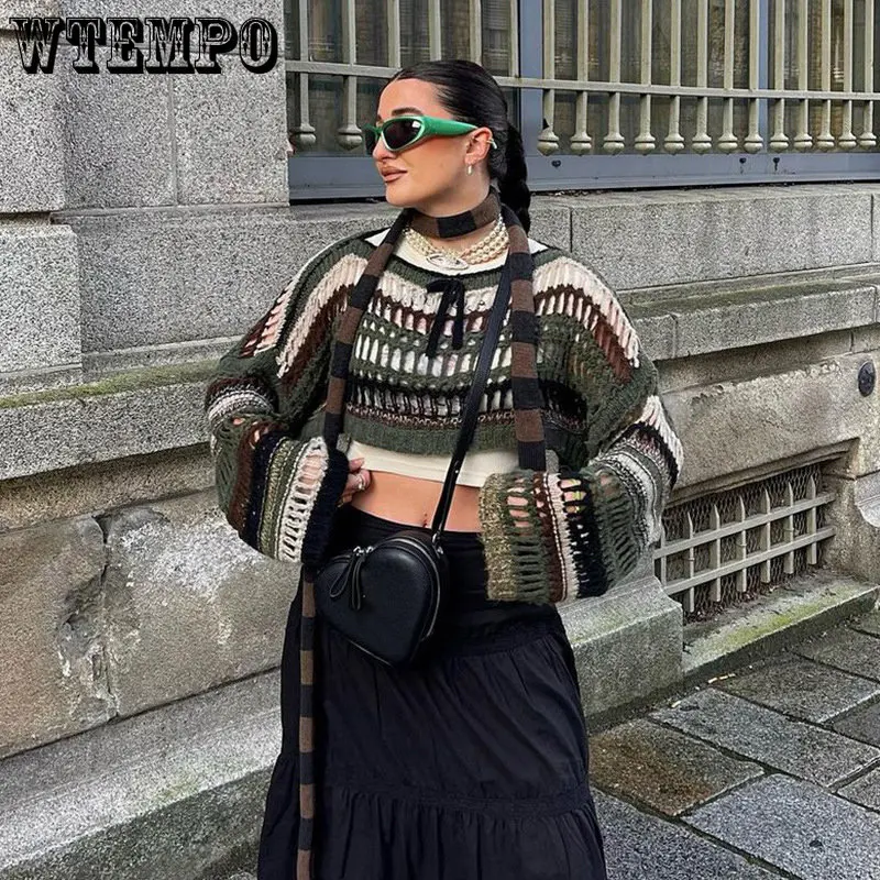 

Свитер WTEMPO Y2K женский полосатый ажурный, модный винтажный Свободный укороченный топ, готический пуловер, уличная одежда