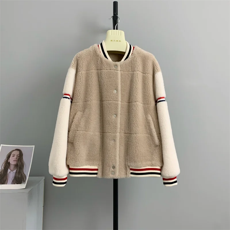 

wool 100% genuine Ribbon Baseball Jersey Threaded Collar Sheep Cashmere Cutting Lamb Fur Grass One Piece Coat Women's Young Soft