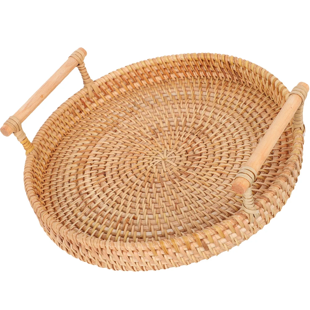 

Rattan Round Tray Serving Handles Woven Table Trays Eating Tea Wicker Bathroom Coffee