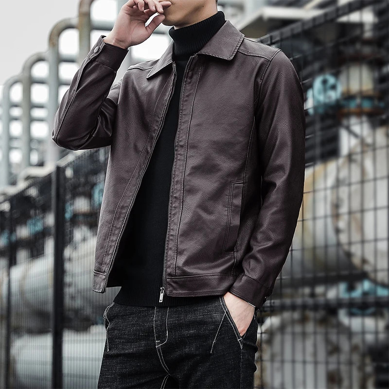Повседневная мужская куртка из искусственной кожи весна-осень однотонное