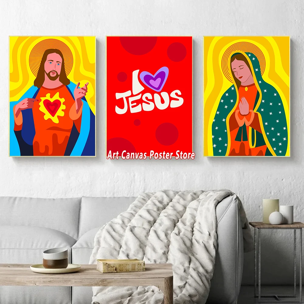 

God Jesus and Blessed Virgin Mary Poster I Love Jesus Aesthetic Christianity Church Religiou Wall Art Canvas Painting Print Gift