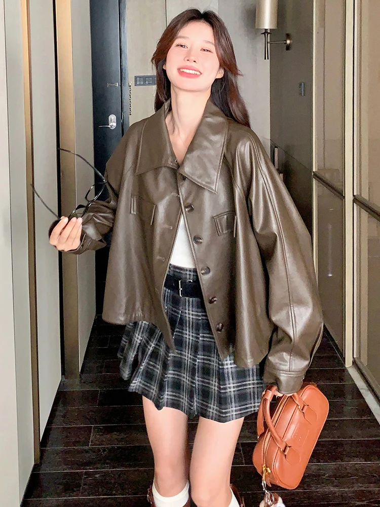 Популярное в этом году кожаное пальто кофейного цвета стиле ретро верхняя одежда