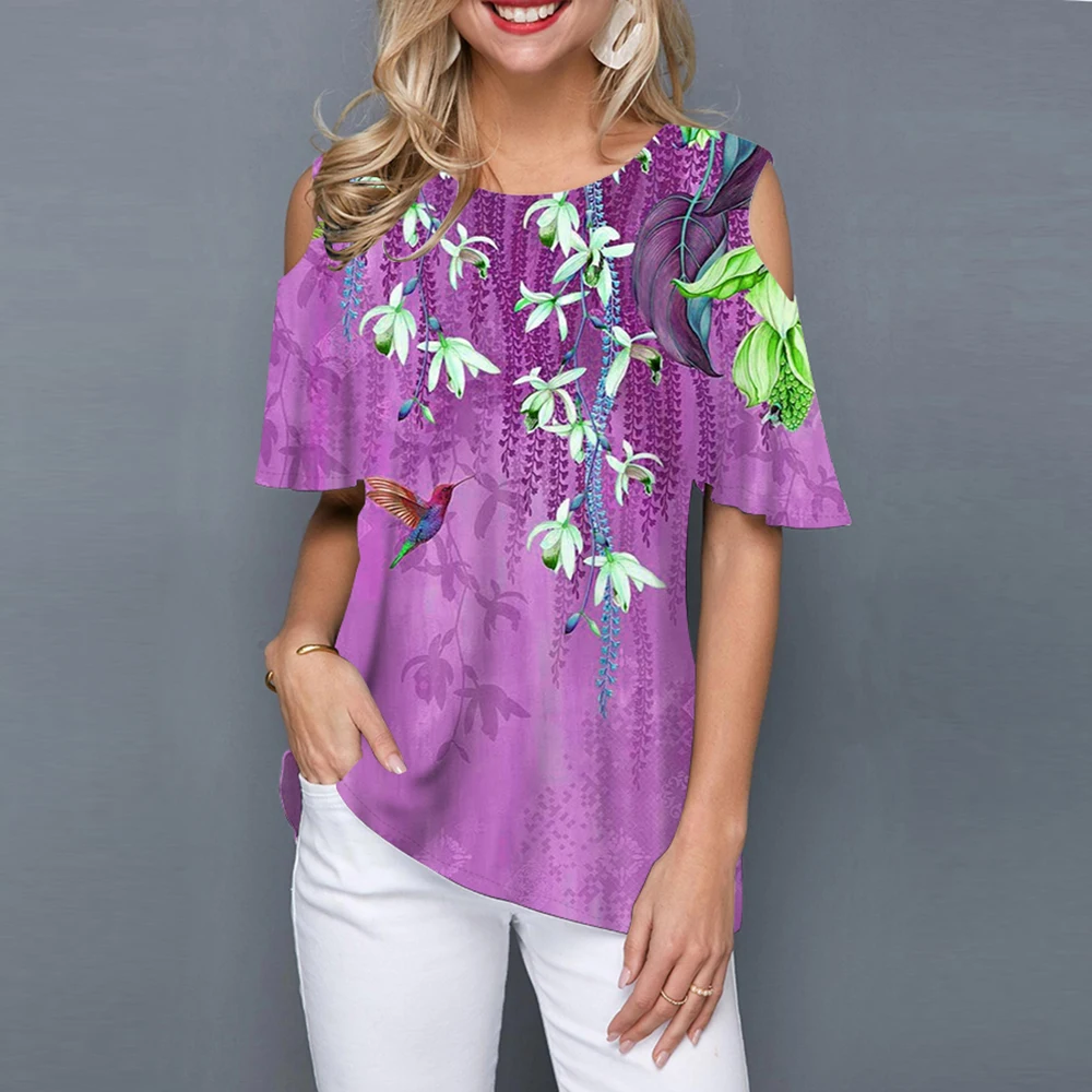 

Женский топ с цветочным принтом и круглым вырезом, летний женский модный Повседневный пуловер с открытыми плечами