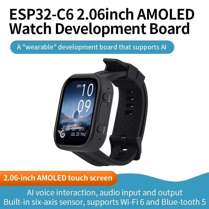 Фото Плата разработки сенсорных часов ESP32-C6 с 2,06-дюймовым AMOLED-дисплеем, 410×502 пикселя, 32-битный процессор RISC-V, поддерживает WiFi 6 / Zigbee. №1