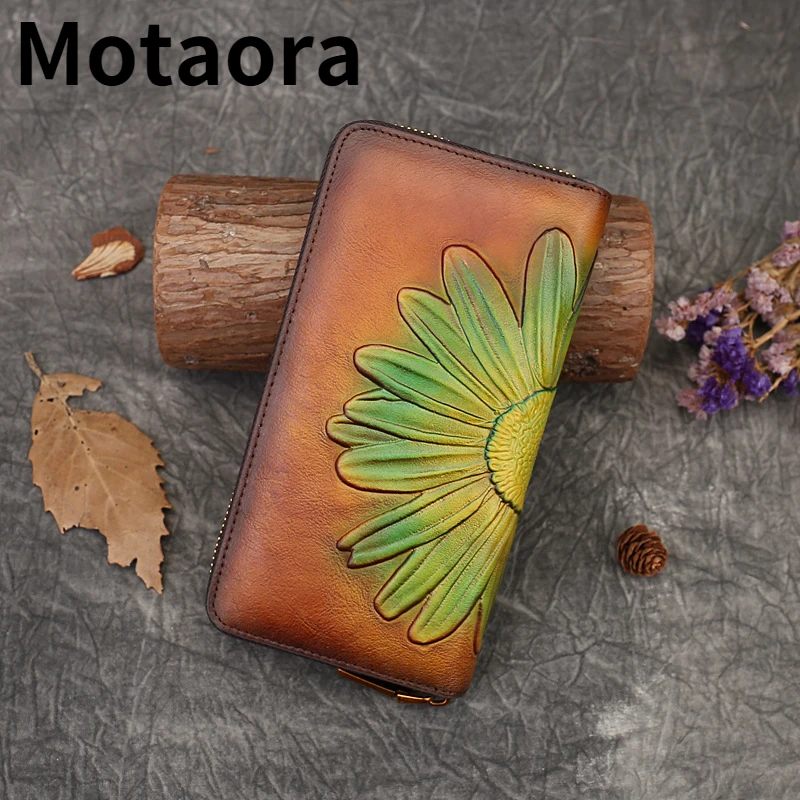 

MOTAORA Embossed Vintage Long Wallets For Women Genuine Leather Wallet New Ladies Clutch Bags Real Cowhide Floral Card Holder