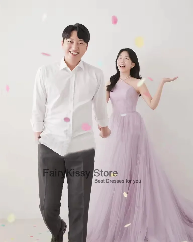 Фото FairyKissy Fairy Baby Фиолетовые свадебные платья трапециевидной формы с лямкой на шее длиной до пола, платье для выпускного вечера с оборками, корейские элегантные вечерние платья для фотосессии №5