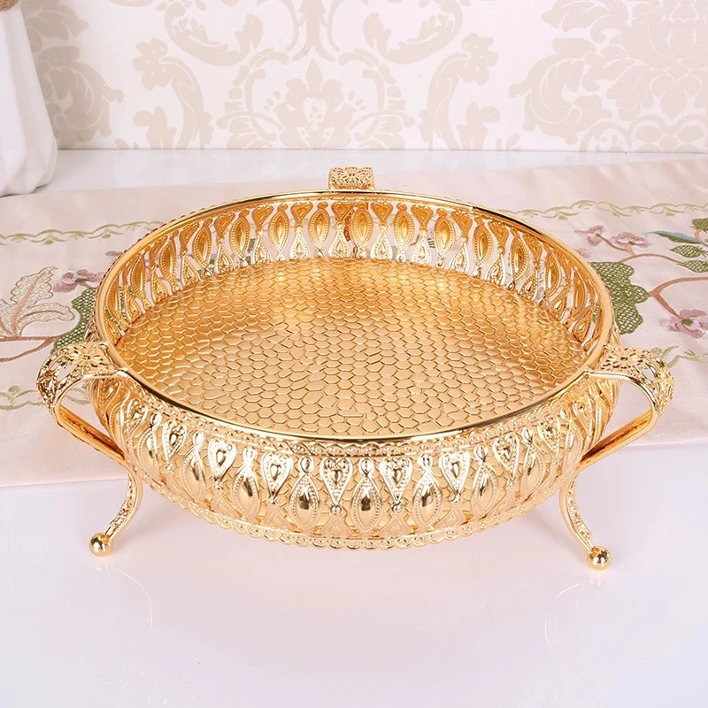 

Metal Tray Luxury Gold Finish Hollow Plate Nuts / Fruit / Cake Stand Wedding Centerpieces Home Table Decoration