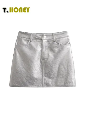 TELLHONEY Women Fashion Silver Shiny Leather PU Mini Skirt Female High Waist Front Zipper With Pockets Ladies Short Skirts
