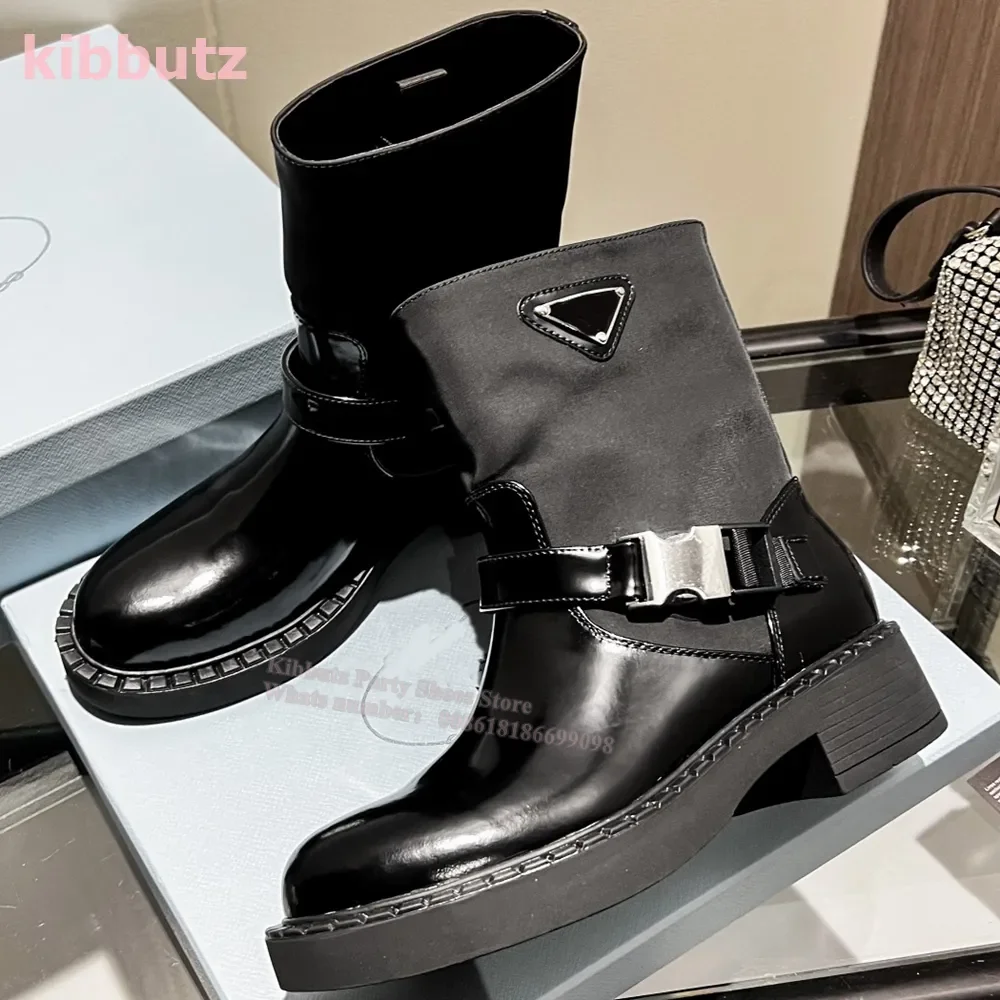 

Genuine Leather Mid Calf Boots Belt Buckle Round Toe Square Heel Solid White Slip-On Fashion Sexy Luxury Women Shoes 2023Newest