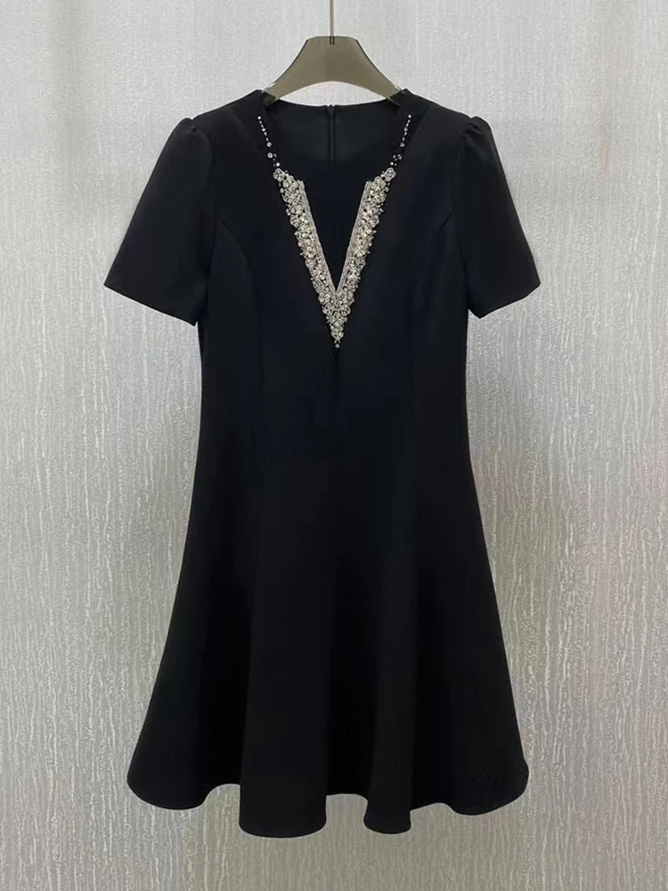 

2022 Summer Women Office Ladies Dress Runway Fashion V Beading Diamond Black Puff Sleeve Elegant Knee-Lenght