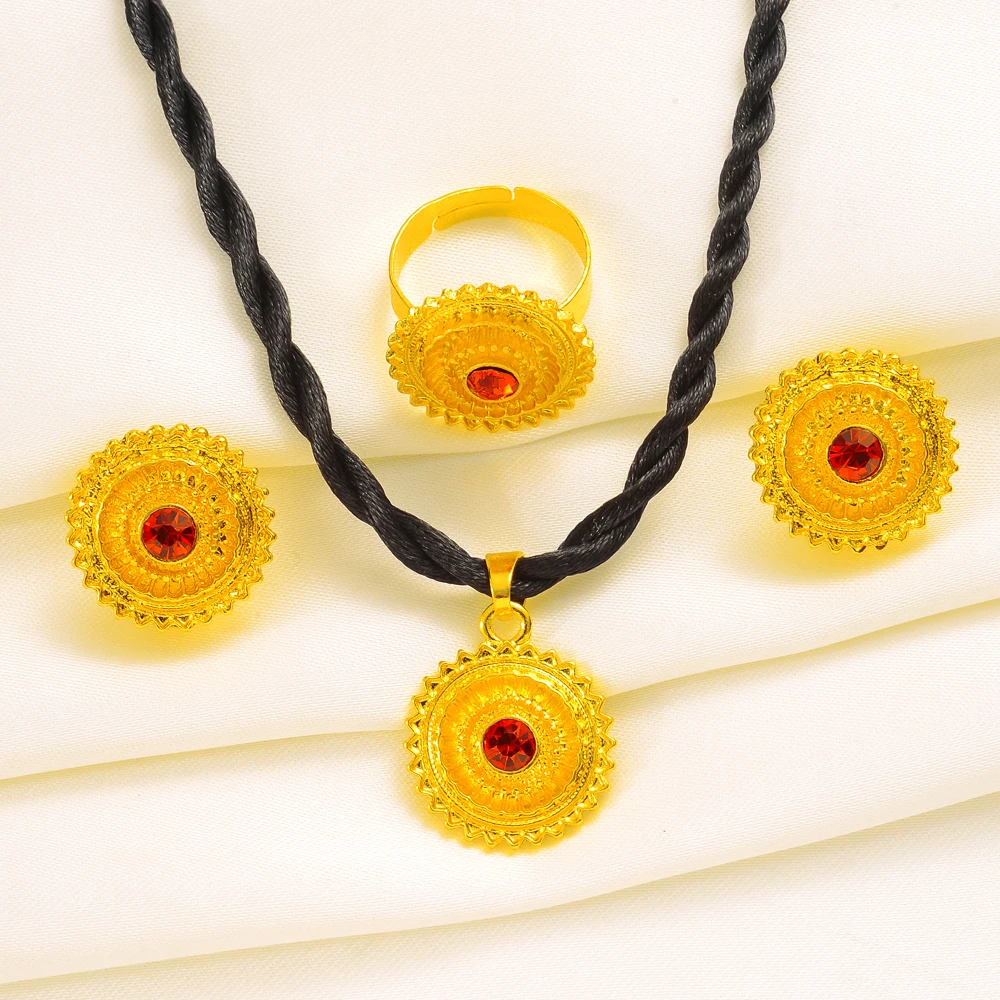 

2022 Ethiopian Jewelry Sets Earrings Ring Pendant for Women Girls Eritrean African Bride Gifts