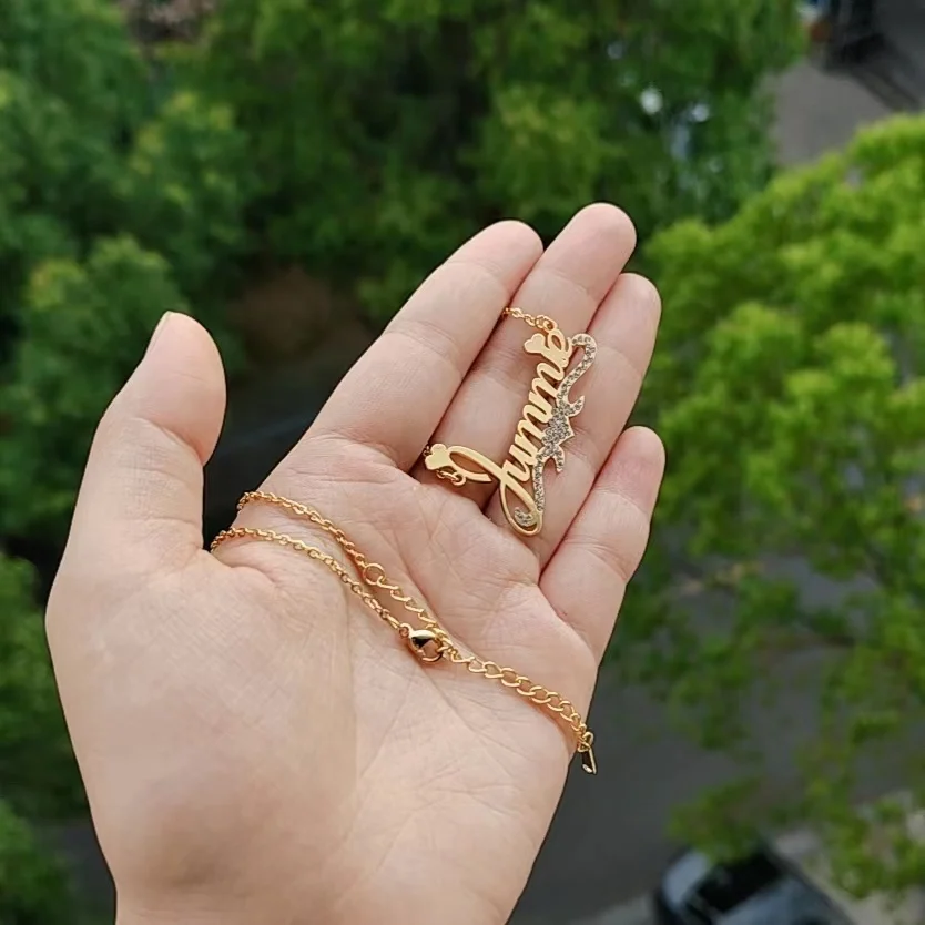 HIBODY One Piece Cut Custom Stainless Steel Half Diamond Name Alphabet Necklace Multi Font Choice Women Necklace Gift