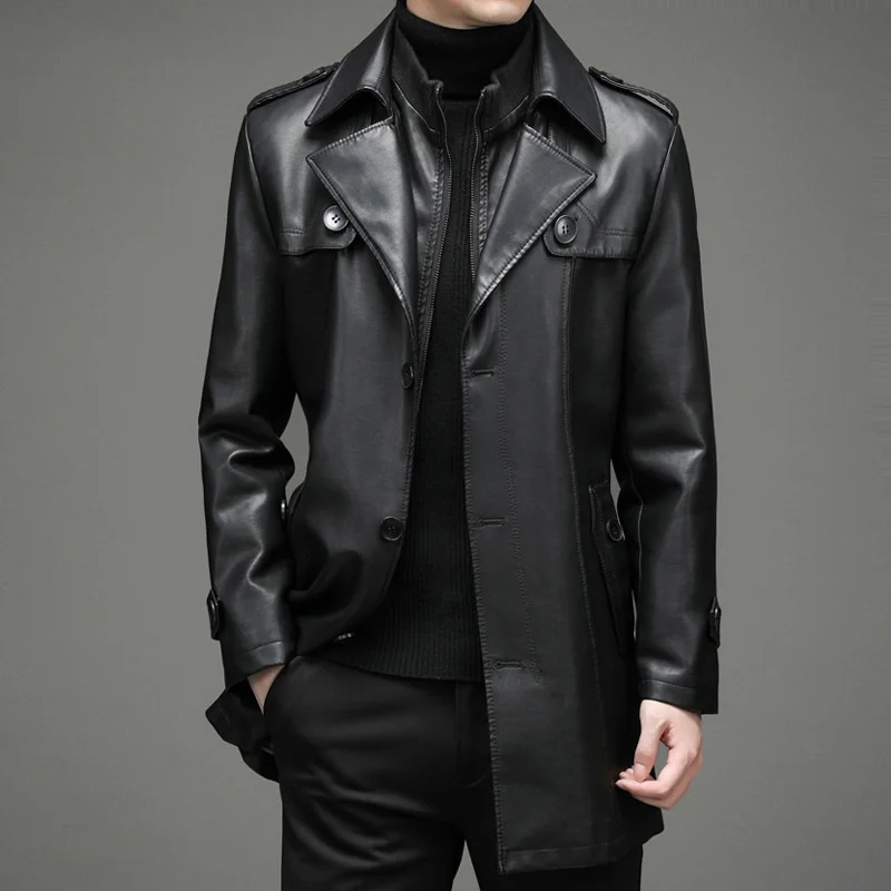 

sheep Brand Men's Haining leather windbreaker Autumn and winter thin velvet medium long coat false two-piece
