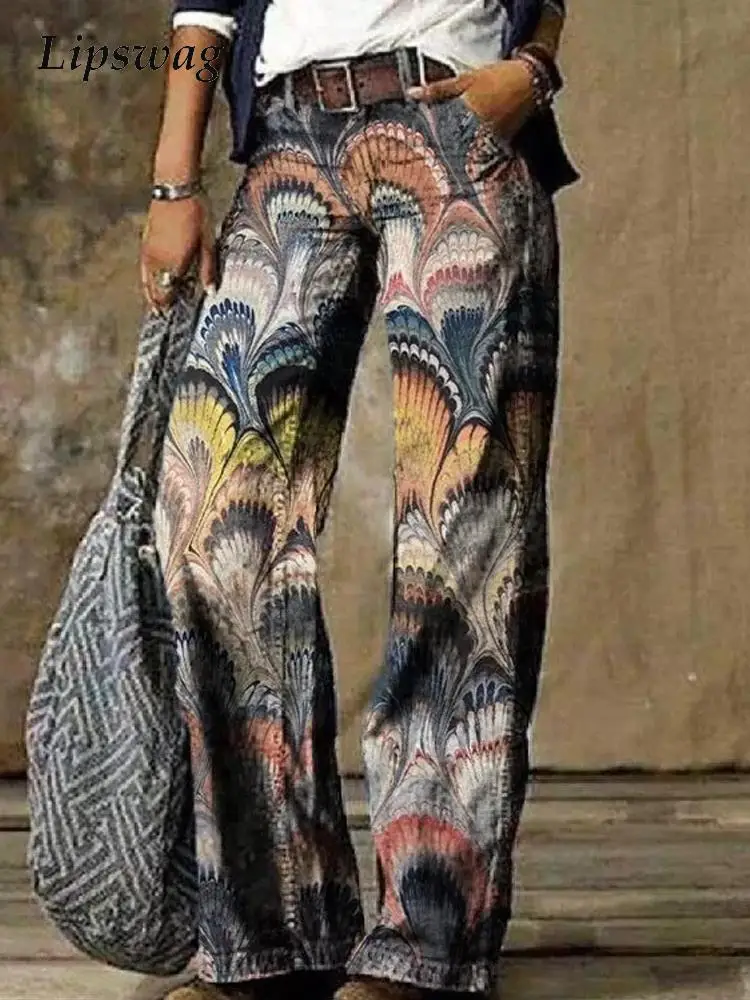 

Spring Elegant Straight Wide Leg Pant Casual Pattern Print Harajuku Women's Trousers Fashion Pocket High Waist Pants Streetwear