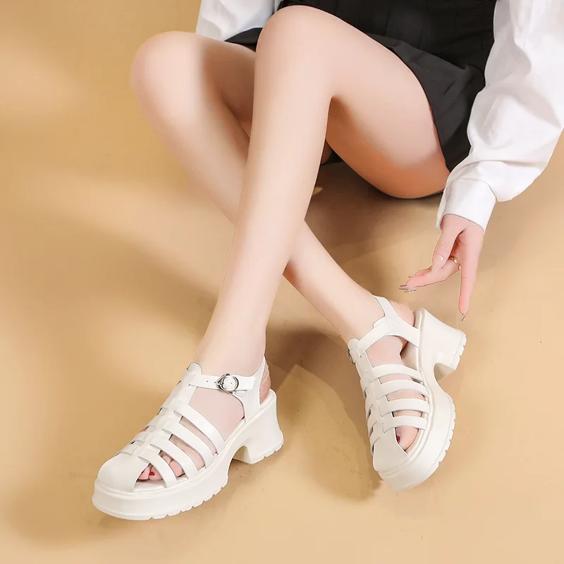 

Сандалии Baotou женские на толстом каблуке, босоножки в римском стиле с пряжкой, обувь на среднем каблуке, корейский стиль, лето 2023