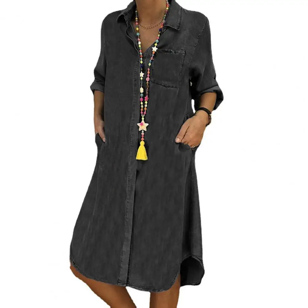 

Женское джинсовое платье с карманами, Элегантное однобортное Повседневное Платье До Колена на пуговицах, летняя уличная одежда 2022