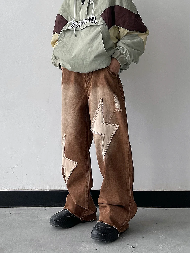 Men Clothing Hip-Hop Caffee Lightning Tooling Straight JeansKorea Fashion Clothing High Street Style Y2k Streetwear Luxury Jeans