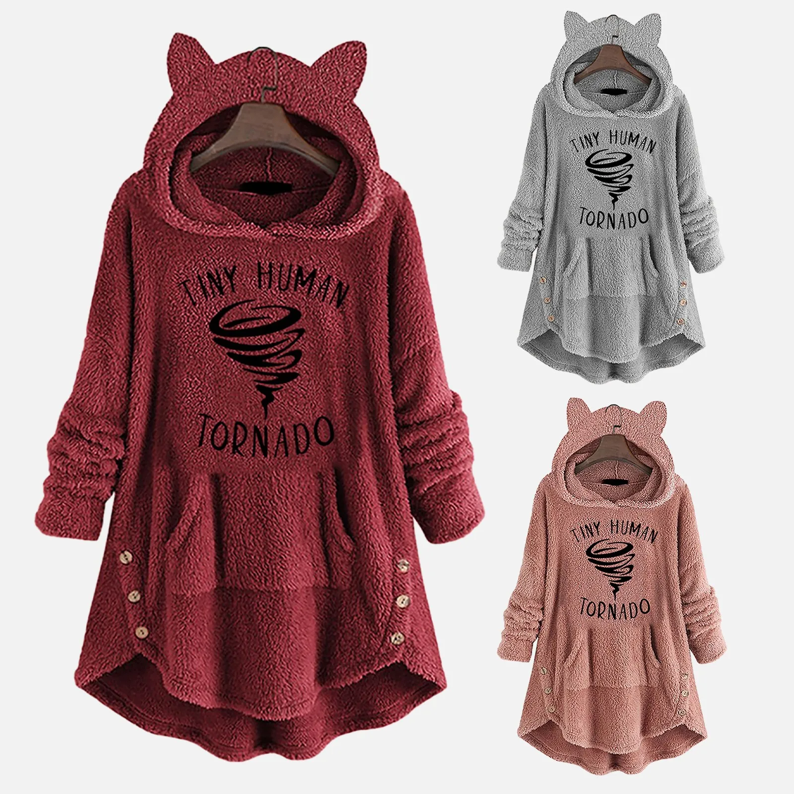 

Pullover Cat Sleeve Long Cute Hoodie With Button Women'S Pockets Printed Top Hoodies Fleece Ear Tunic Jacket Ladies Sweatshirt