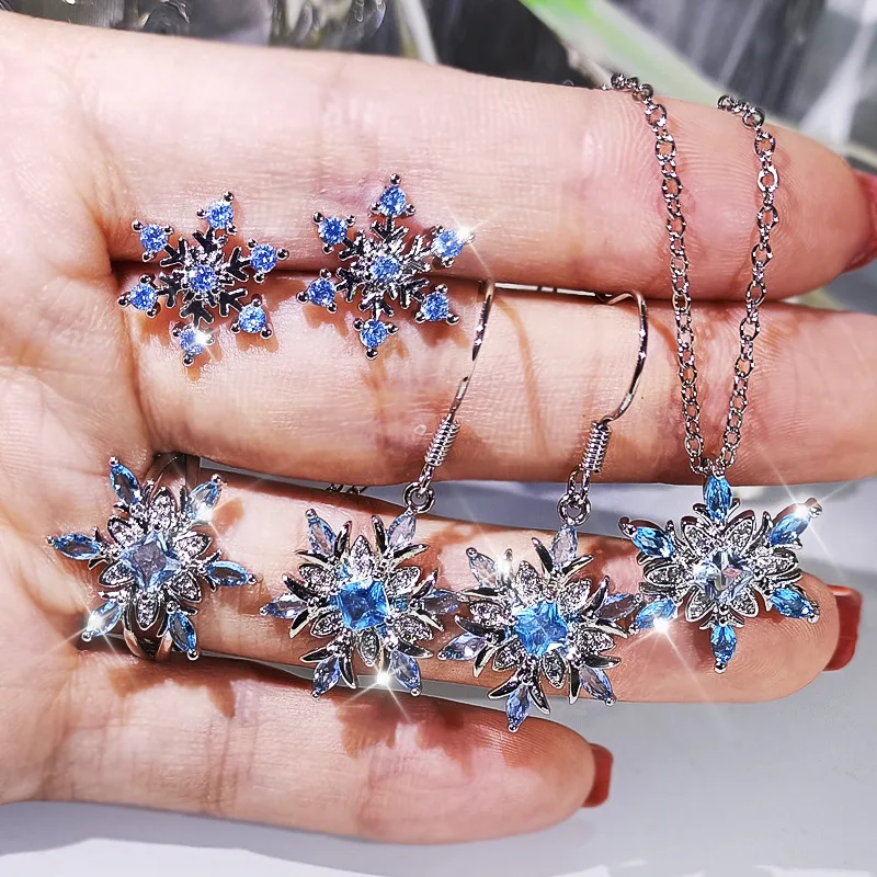 

Luxury Snowflake Blue Zirconia Jewellery Set for Women Earrings Rings Necklace Bridal Wedding Jewelry Xmas Biżuteria Komplet
