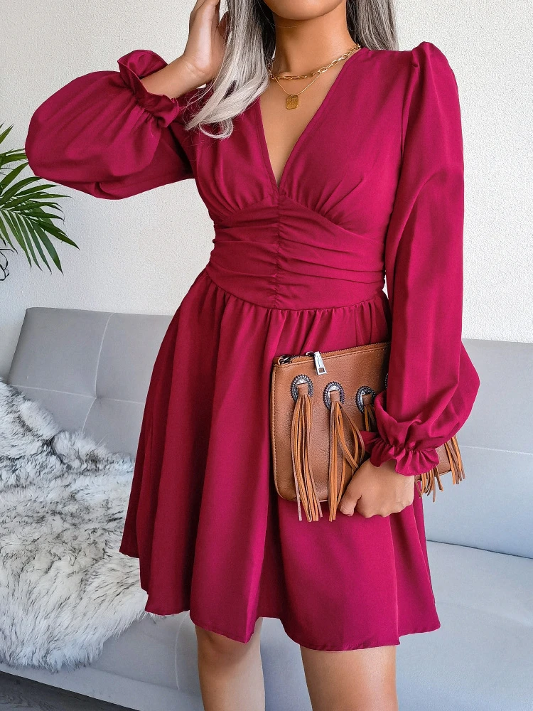 New Ladies Sexy Deep V Neck Mini Dress Lantern Sleeves Solid Belt Satin Party A-Line Dress Office Ladies Vintage Dress Casual