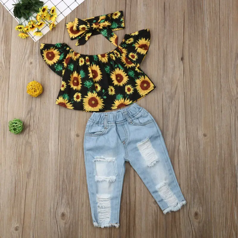 

Summer Toddler Baby Girl Clothes Sunflower Tops Crop Denim Pants Jeans Outfits