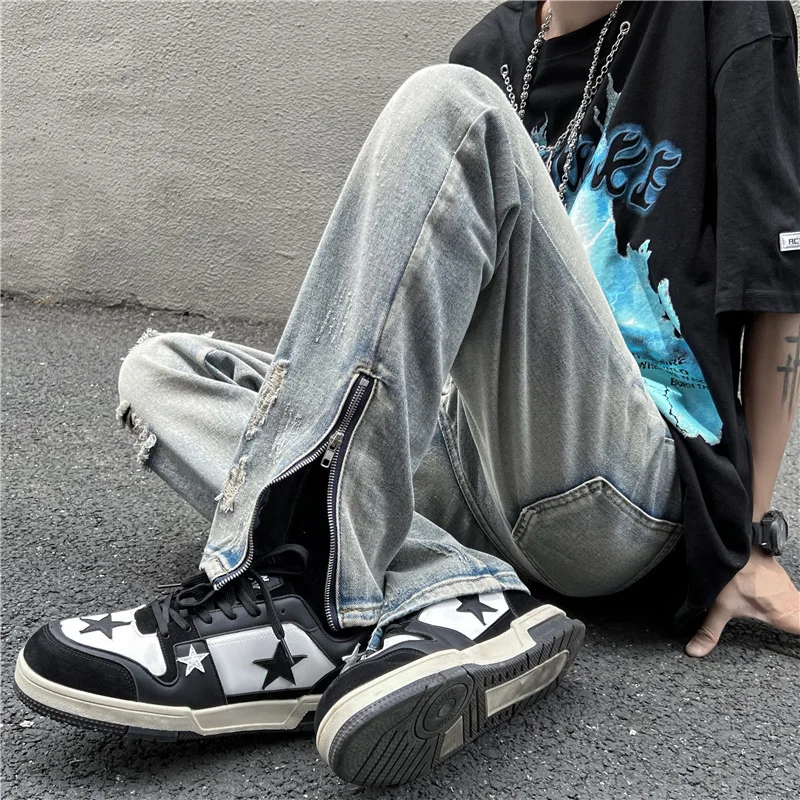 Men's Jeans Hip Hop Straight Zipper Slit Loose Jeans Men Clothing Y2k Clothes Korean Fashion Streetwear Jeans Aesthetics Casual