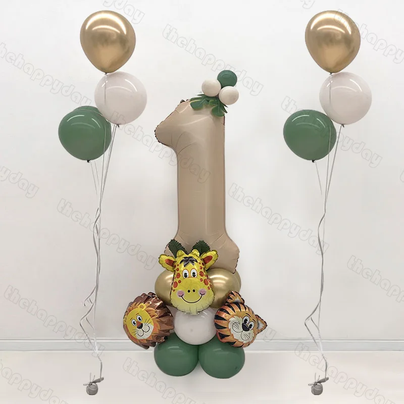 

Jungle Animal Cream Number Balloons Set Lion Tiger Animal Foil Balloons Wild One 1st Birthday Party Decor Safari Baby Shower