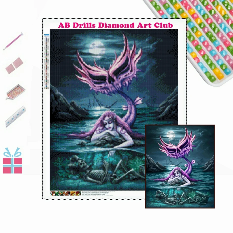 

Mermaid Skull 5D DIY AB Diamond Painting Full Square Round Drills Mosaic Gothic Horror Art Cross Stitch Handwork Home Decor