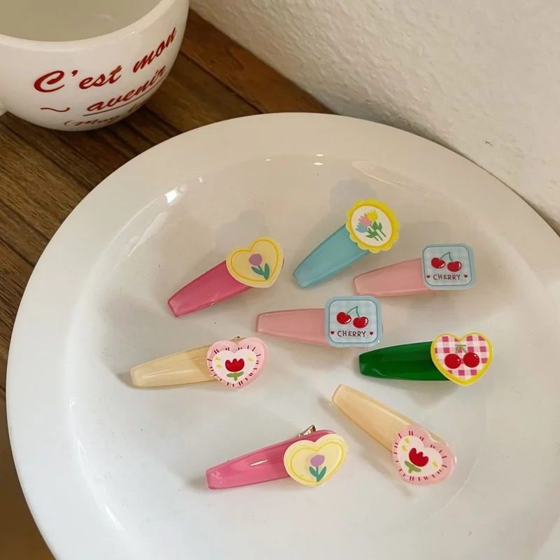 

Симпатичные девичьи сердца, романтичные цветы, тюльпан, вишня, челка, зажим, акриловый детский боковой зажим, Япония и Южная искусственная к...