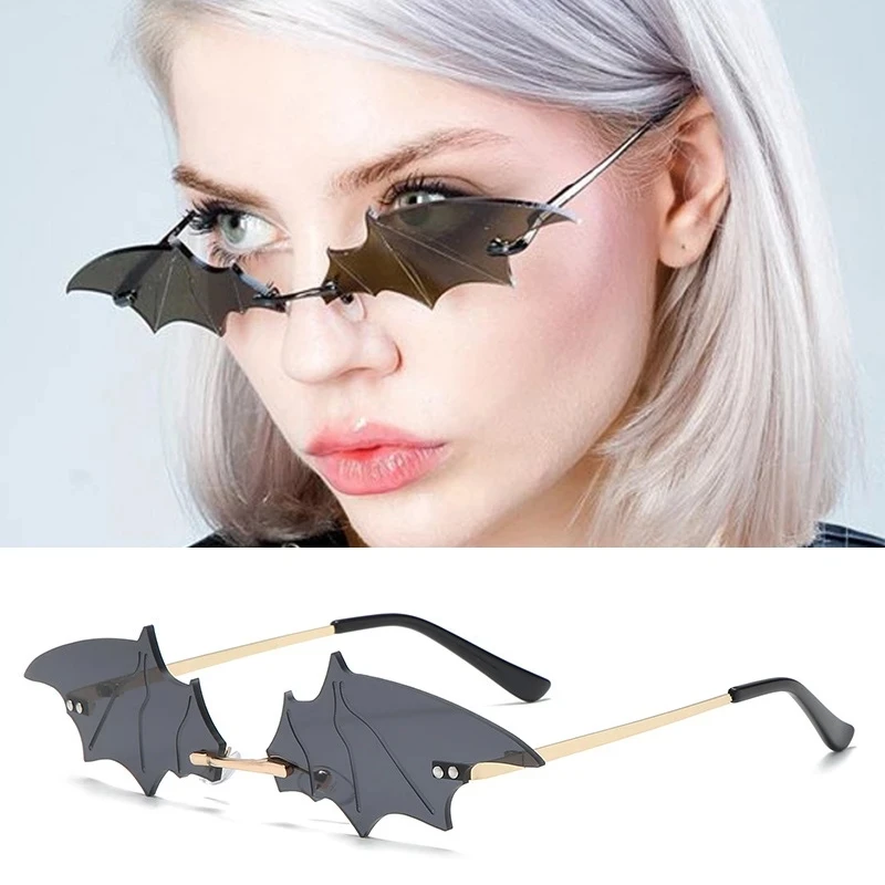

Vintage Sunglasses Women Black Bat Fashion Sun Glasses Female Metal Rimless Shades For Ladies Mirror Designer Oculos De Sol