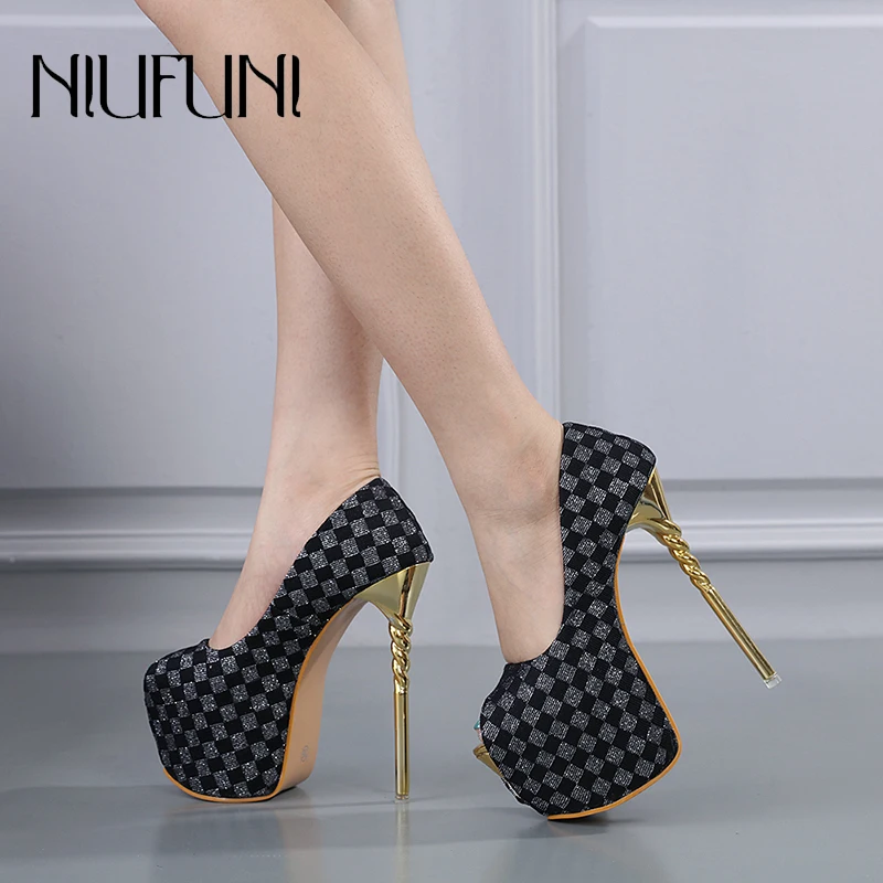 

NIUFUNI Sexy 16CM Super High Heels Platform Plaid Sequins Women's Pumps Size 35-43 Peep Toe Stiletto Sandals Slip On Woman Shoes