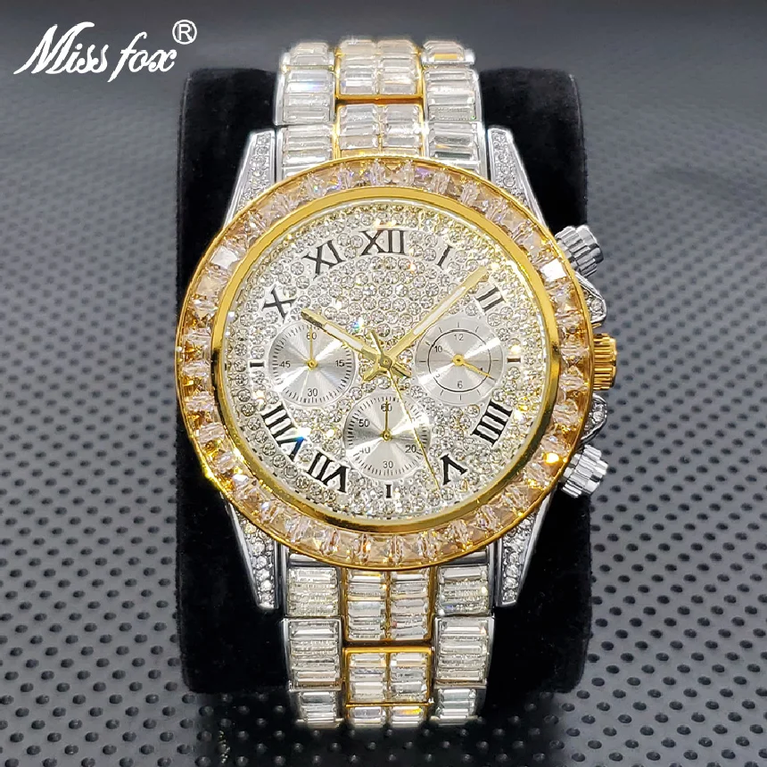 

New Luxury Watches For Men High End Steel Bracelet Square Crystal Quartz Watch Hip Hop Chronograph Waterproof Man Clock Hot Sale