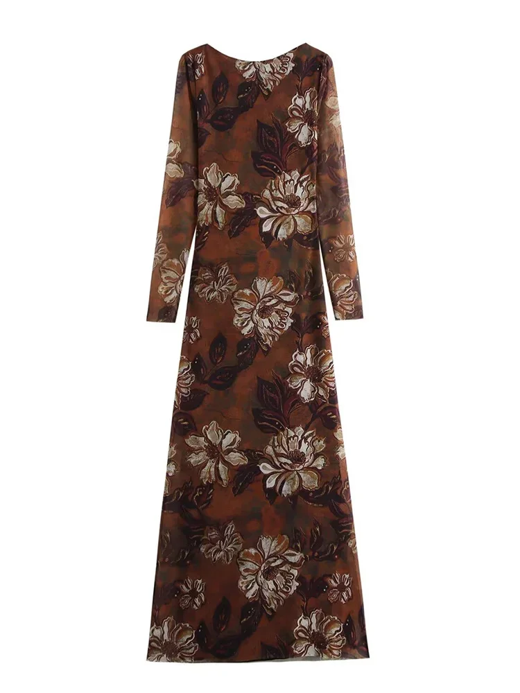 Сетчатое вечернее платье с цветочным принтом коричневые платья макси длинными