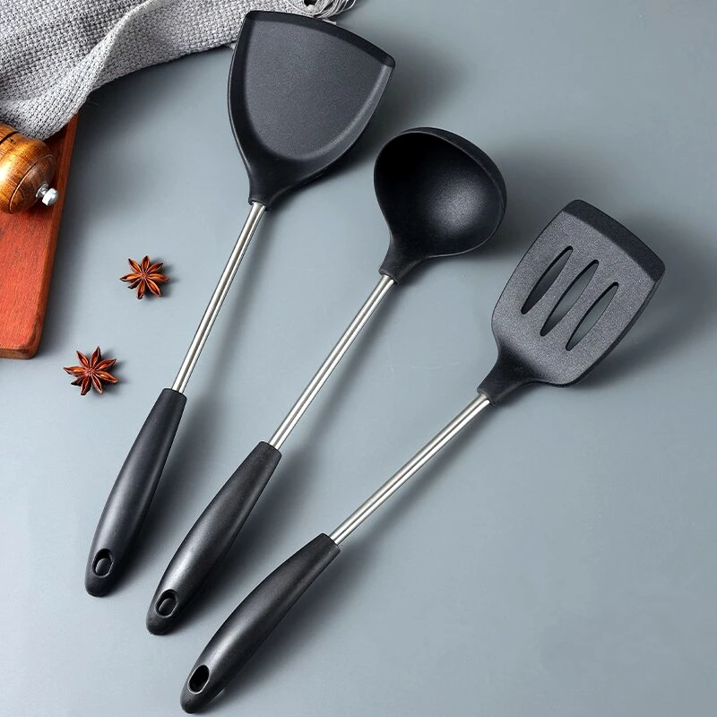 

Non-Stick Pan Silicone Cooking Spatula Soup Spoon Long Handle Frying Shovel Colander Home Kitchenware Set Kitchen Accessories