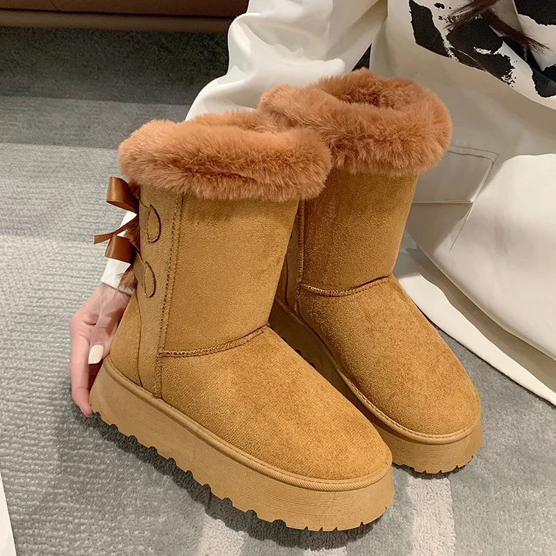 

Теплые замшевые сапоги для женщин, модные уличные повседневные сапоги до середины икры, на платформе, с коротким плюшем, зимний сезон