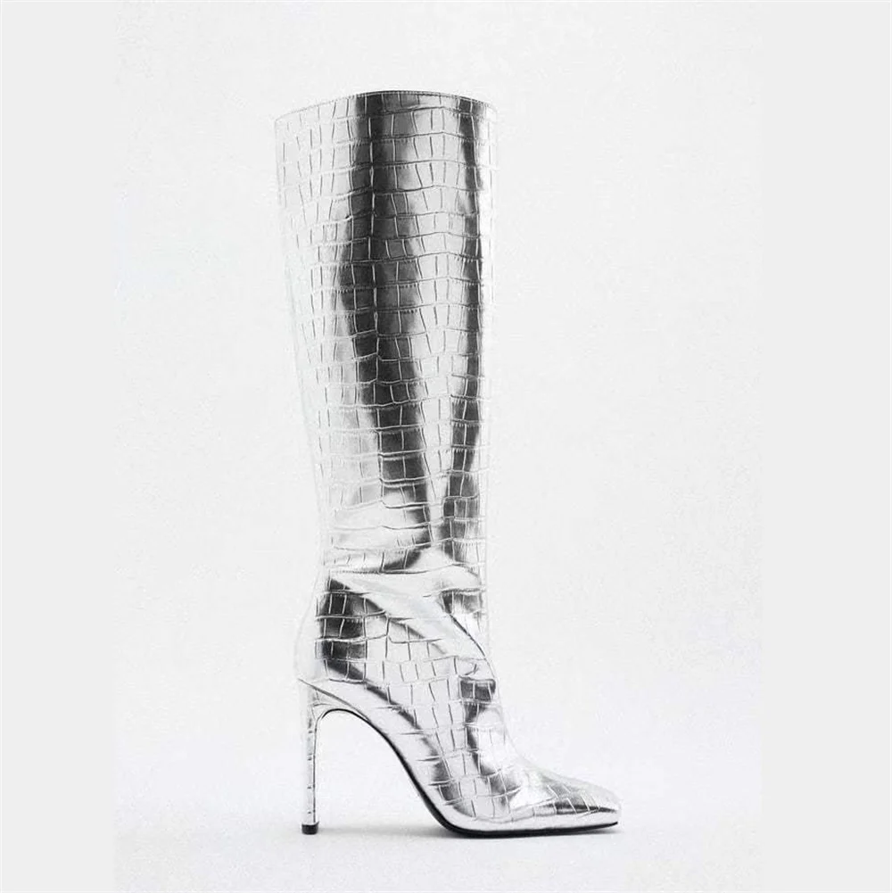 

Новинка Осень-зима Золотые женские сапоги в европейском и американском стиле модные сапоги до колена с квадратным носком Модные сапоги на высоком каблуке для подиума