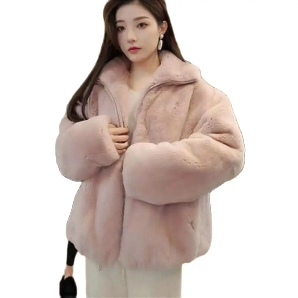 

Fashion Solid Color Faux Fur Coat Korean Version Loose Simplicity Stand-Up Collar Outerwear Clothing Tops Women's Winter Jacket
