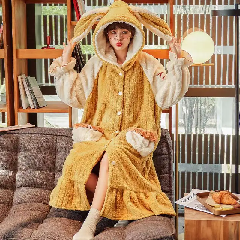 2023 Thick Winter Pajamas For Women Cartoon Sleepwear Robe Pants Set Jacquard Weave Bath Robe Homewear PJ Sets Flannel Kawaii