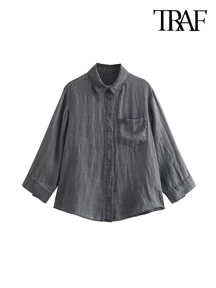 

TRAF Women Fashion With Pocket Asymmetric Linen Shirts Vintage Three Quarter Sleeves Button-up Female Blouses Chic Tops