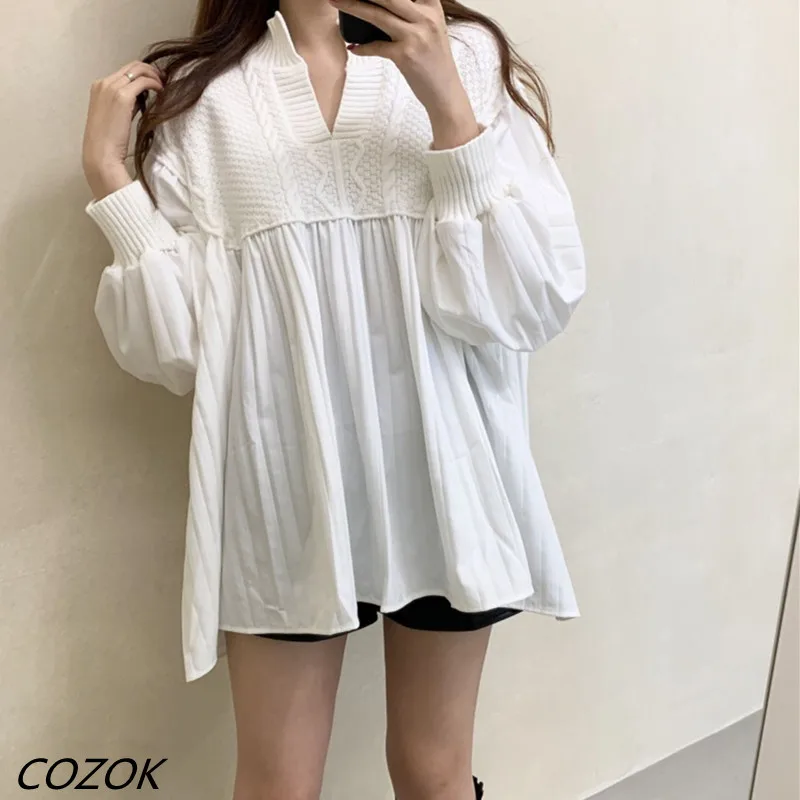 

Однотонная свободная модная плиссированная блузка в стиле пэчворк, Женская Повседневная офисная винтажная блузка, пуловер, элегантные шикарные дамские блузки с длинным рукавом