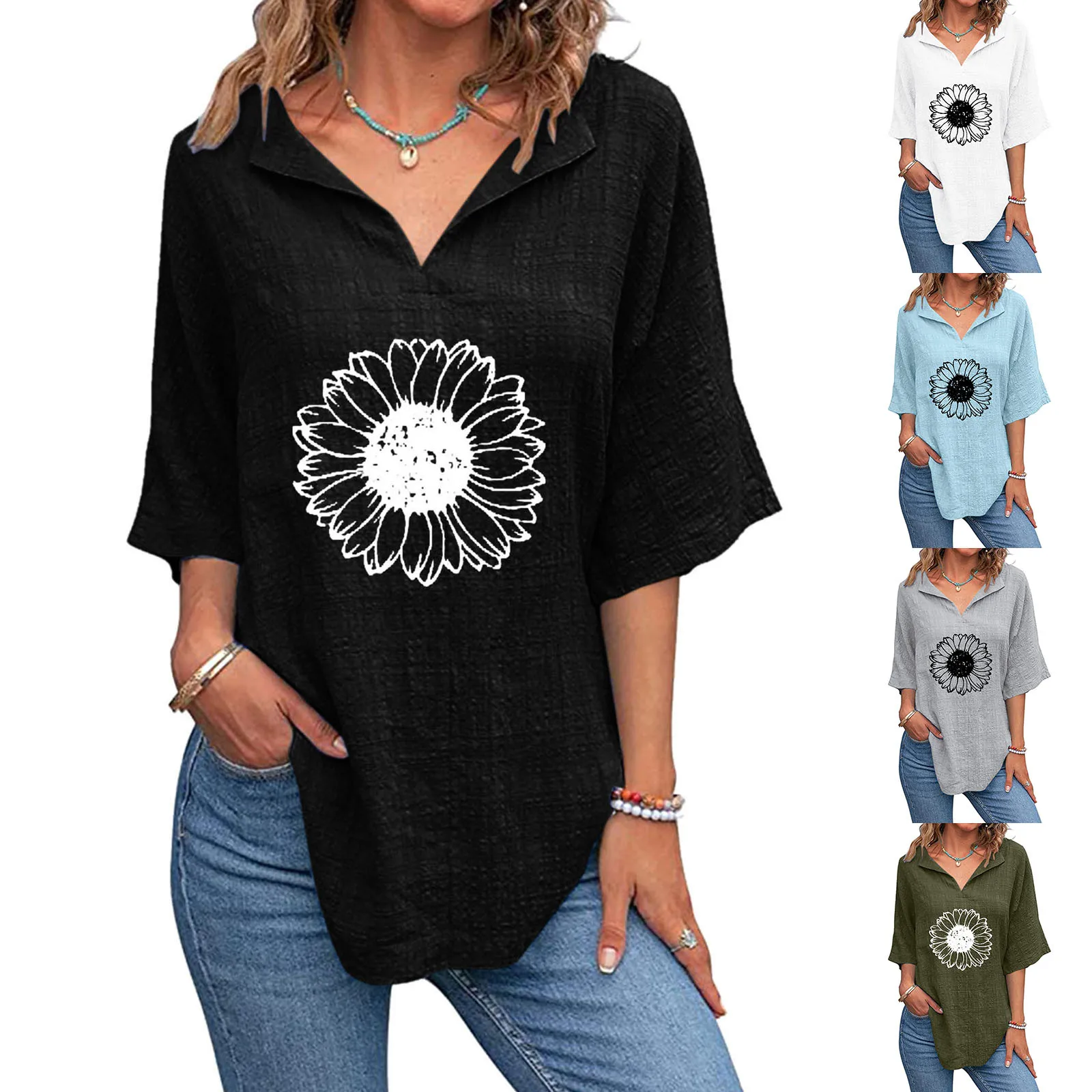 

Женские рубашки с принтом подсолнуха и V-образным вырезом, хлопковая льняная футболка с коротким рукавом, летняя Свободная белая рубашка с д...