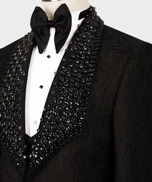 Glitter Crystals Diamond Men Suits Jacquard Groom Wedding Tuxedos 3 Pieces Sets Male Prom Blazers Customized trajes para hombre