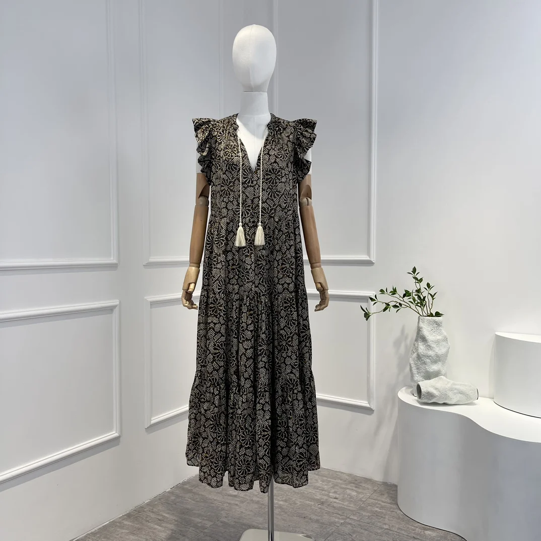 

Top Quality 2023 Ruffles Flying Sleeve Tassels Midi Dress for Women